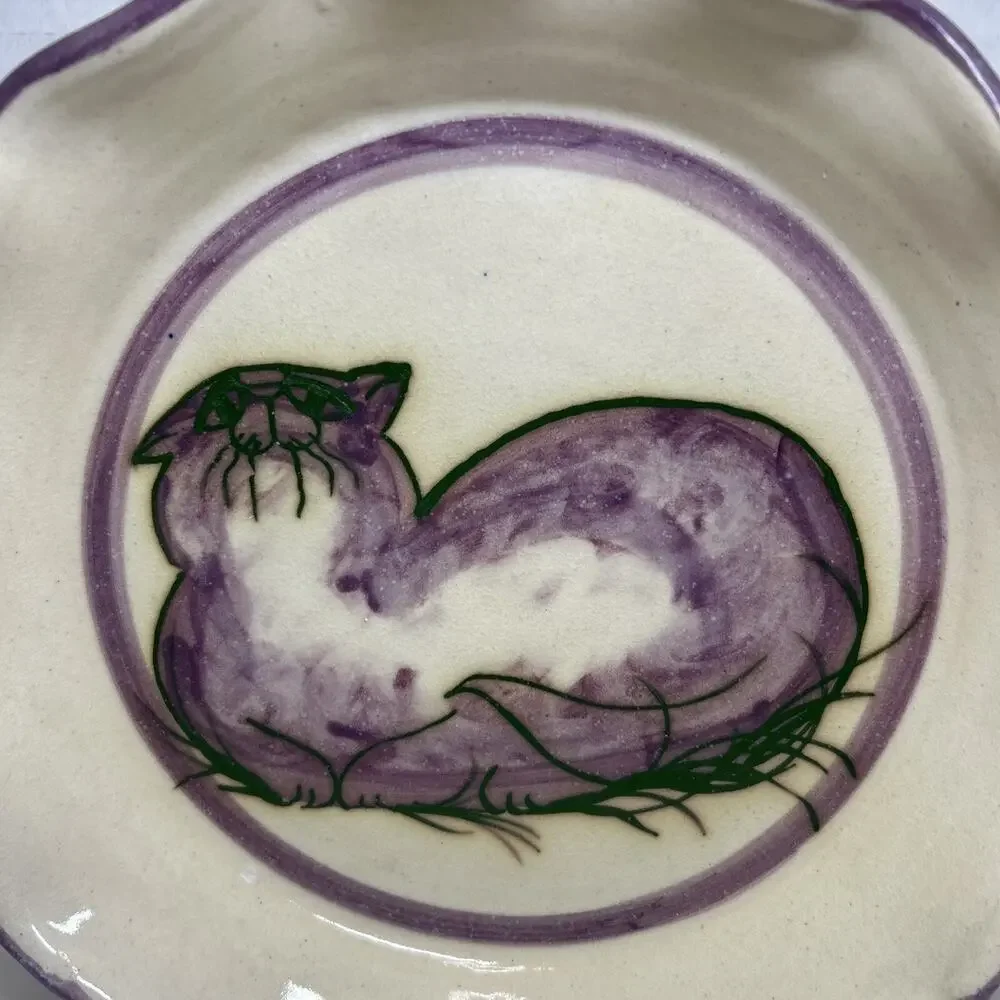 Art Pottery Pie Dish Purple Kitty Cat Ruffled Edge Signed Ceramic 10